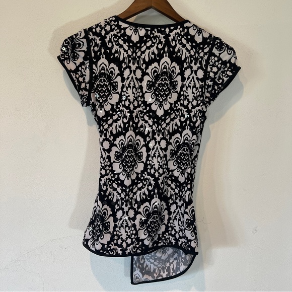 Joseph Ribkoff Y2K Faux Wrap Floral Blouse Clear Sequin Asymmetrical Hem - Picture 9 of 9